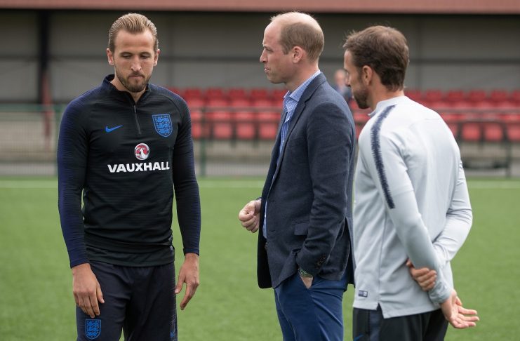 Britain’s Prince William speaks to England soccer manager Gareth Southgate and captain Harry Kane as he visits the team while they prepare for the FIFA 2018 Football World Cup, at the Leeds United training ground, in Leeds