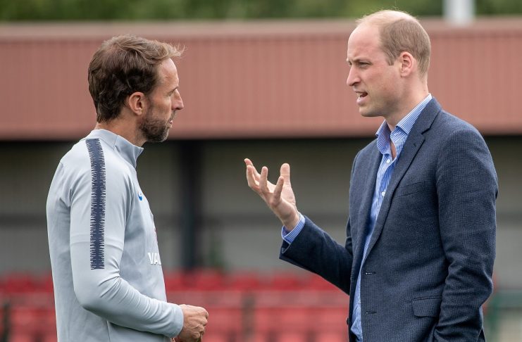 Britain’s Prince William speaks to England soccer manager Gareth Southgate as he visits the team while they prepare for the FIFA 2018 Football World Cup, at the Leeds United training ground, in Leeds