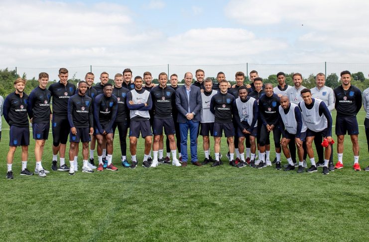 Britain’s Prince William poses for a group photo with the England soccer team as he visits them while they prepare for the FIFA 2018 Football World Cup, at the Leeds United training ground, in Leeds