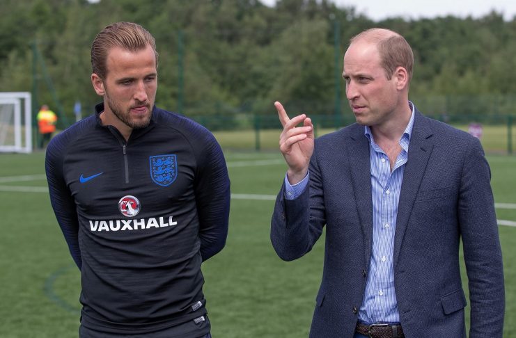 Britain’s Prince William speaks to England soccer captain Harry Kane as he visits the team while they prepare for the FIFA 2018 Football World Cup, at the Leeds United training ground, in Leeds