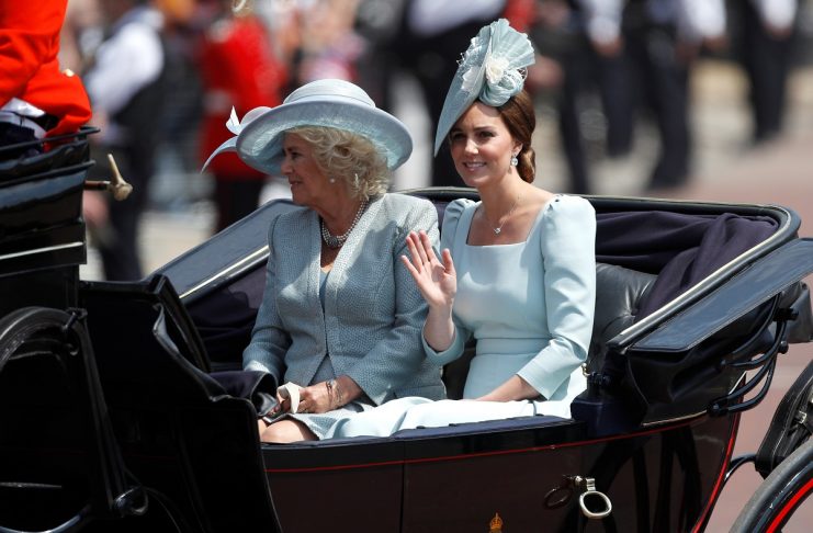 Britain’s Camilla, Duchess of Cornwall, and Catherine, Duchess of Cambridge, take part in the Trooping the Colour parade in central London