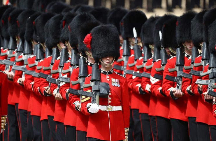 Coldstream Guards march down The Mall as part of Trooping the Colour in central London