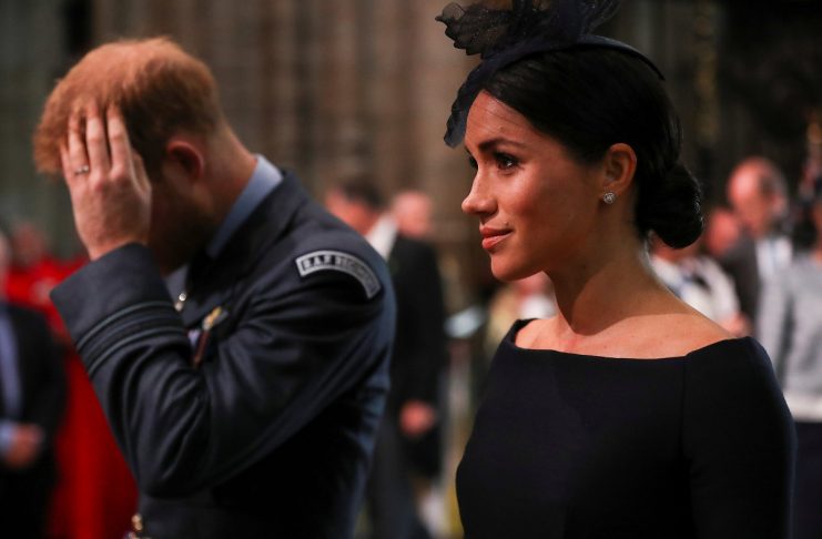 Britain’s Meghan, the Duchess of Sussex and Prince Harry arrive at Westminster Abbey for a service to mark the centenary of the Royal Air Force in central London