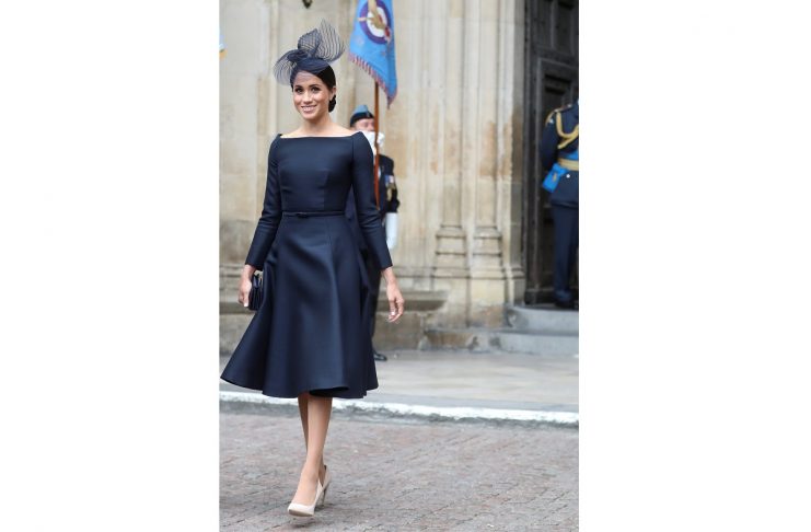 Britain’s Meghan, the Duchess of Sussex leaves Westminster Abbey after a service to mark the centenary of the Royal Air Force in central London