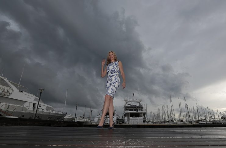 Actress Sorvino poses during a photocall for the television series “Intruders” during the annual MIPCOM television programme market in Cannes