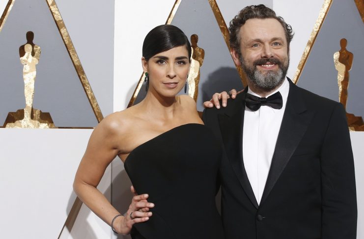 Silverman arrives with her partner Sheen at the 88th Academy Awards in Hollywood