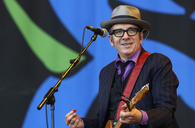 Elvis Costello performs on the Pyramid Stage at Glastonbury music festival at Worthy Farm in Somerset