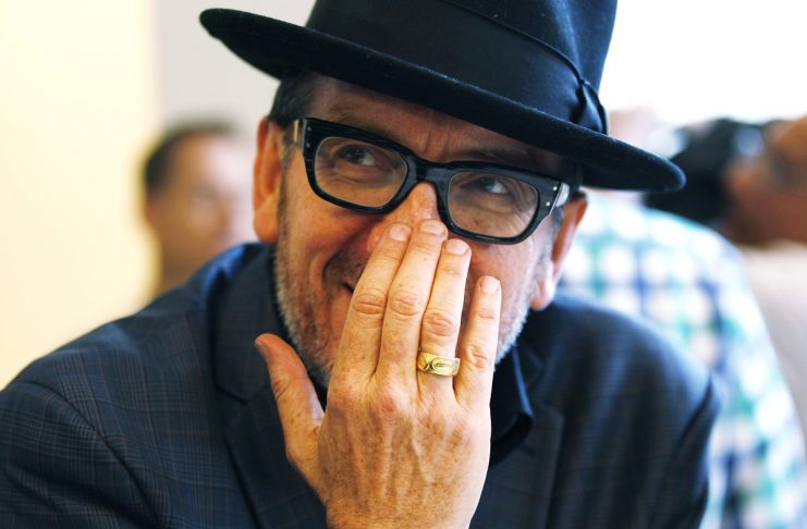 Singer Elvis Costello waits after Apple Inc’s media event where Costello performed in Cupertino