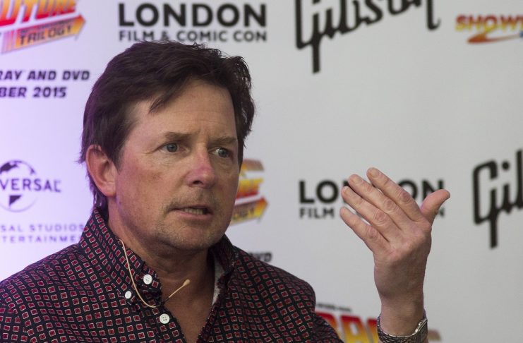 Actor Michael J Fox attends a media conference for the 30th anniversary of his film “Back to the Future” at the London Film and Comic-Con in London, Britain
