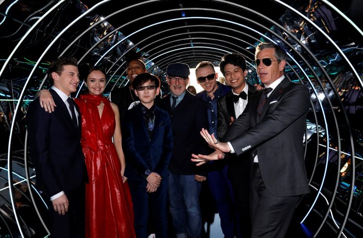 Director Spielberg poses with cast members Sheridan, Cooke, Waithe, Zhao, Pegg, Morisaki and Mendelsohn at the premiere of “Ready Player One” in Los Angeles