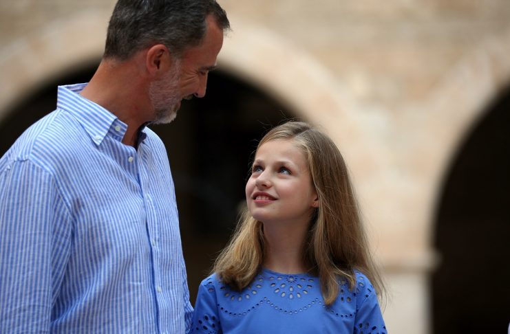Spain’s King Felipe and daughter Leonor pose in Almudaina Palace during their summer holidays in Palma de Mallorca