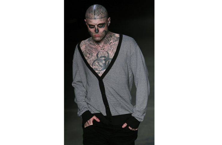 Canadian model Rick Genest presents a creation from Auslander’s collection during Fashion Rio Summer 2012 in Rio de Janeiro