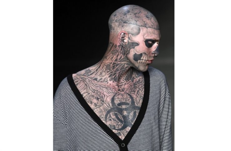 Canadian model Rick Genest presents a creation from Auslander’s collection during Fashion Rio Summer 2012