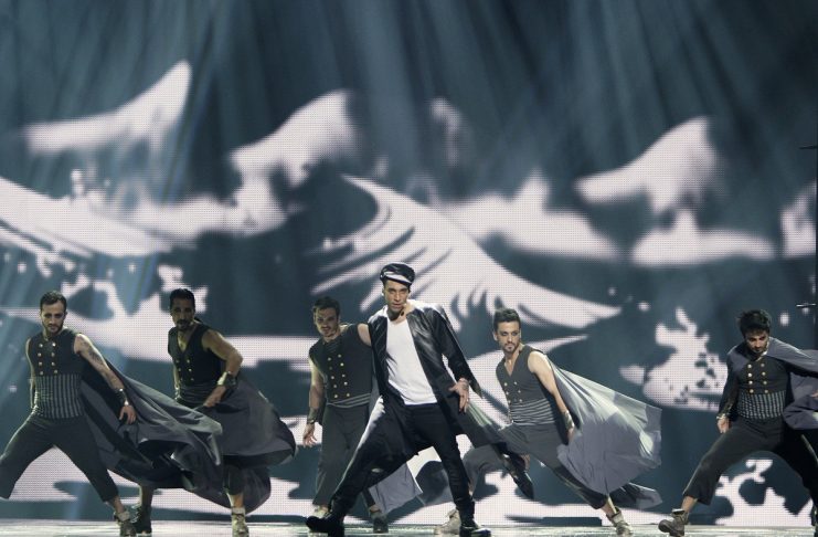 Can Bonomo of Turkey performs during a rehearsal for the finals of the Eurovision song contest in Baku