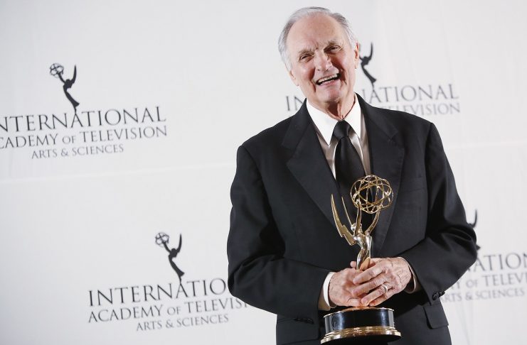 Actor Alan Alda poses with his 40th Anniversary Special Founders Award at the International Emmy Awards in New York