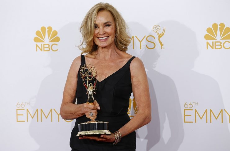 Jessica Lange poses with her award at the 66th Primetime Emmy Awards in Los Angeles