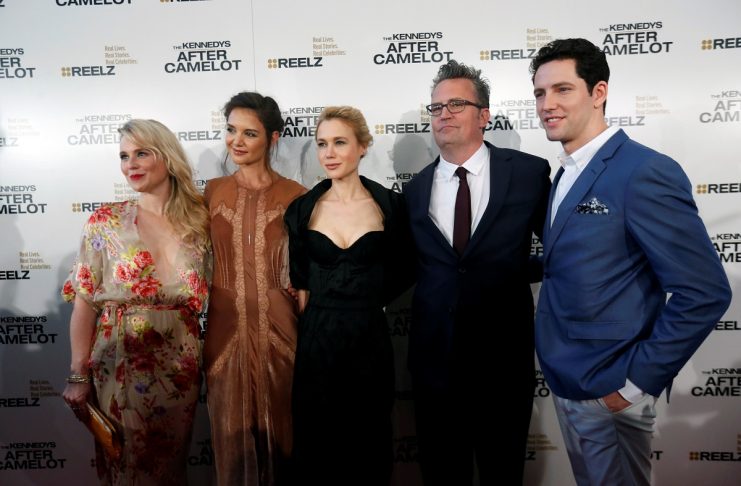Cast members Booth, Holmes, Hager, Perry and Donahue pose at the premiere for the television series “The Kennedys After Camelot” at The Paley Center for Media in Beverly Hills