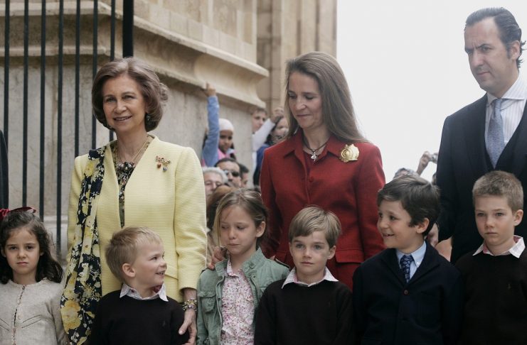 Members of the Spanish royal family pose for media after arriving for Easter Sunday mass at Palma de Mallorca’s cathedral on the Spanish island of Mallorca
