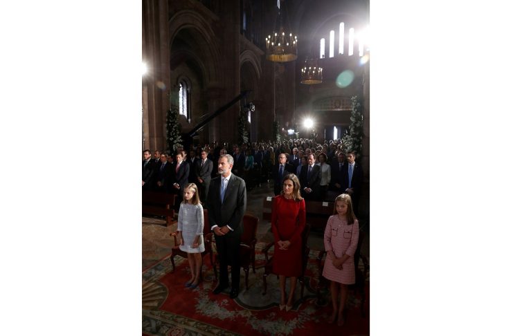 Spain’s Princess Leonor attends mass with her family including Spain’s King Felipe, Queen Letizia and Princess Sofia at the Basilica of Covadonga, in Cangas de Onis