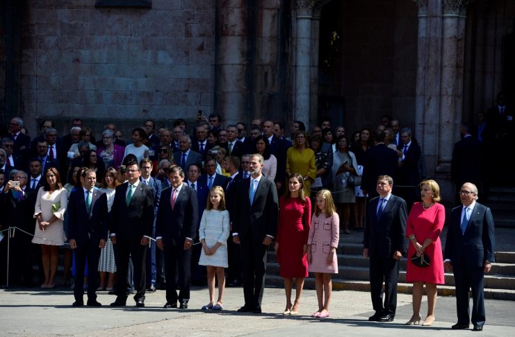 Spain’s Princess Leonor poses with her family including Spain’s King Felipe, Queen Letizia, Princess Sofia and local authorities outside the Basilica of Covadonga, in Cangas de Onis