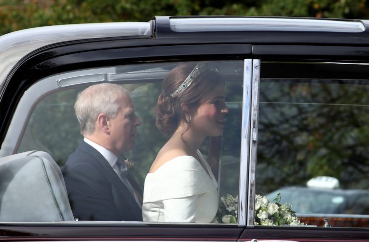Princess Eugenie is driven towards St George’s Chapel with her father Prince Andrew, Duke of York,  for her wedding to Jack Brooksbank at in Windsor Castle, Windsor