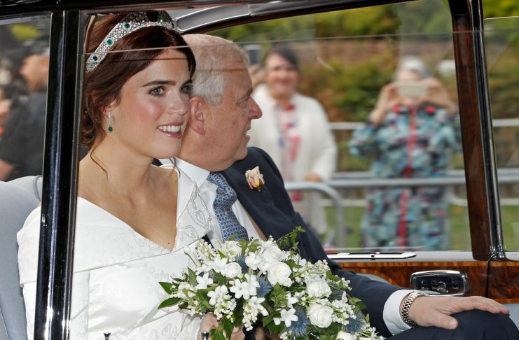 Princess Eugenie is driven towards St George’s Chapel with her father Prince Andrew, Duke of York, for her wedding to Jack Brooksbank at Windsor Castle, Windsor