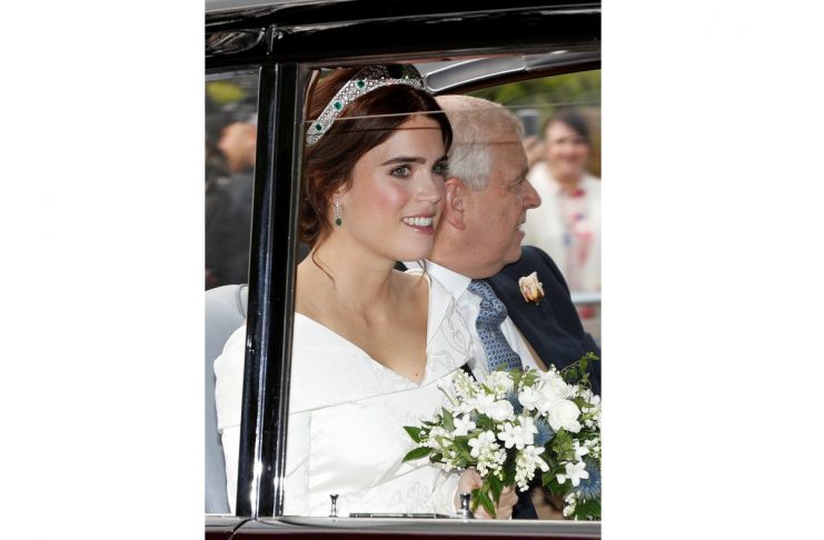 Princess Eugenie is driven towards St George’s Chapel with her father Prince Andrew, Duke of York, for her wedding to Jack Brooksbank at Windsor Castle, Windsor