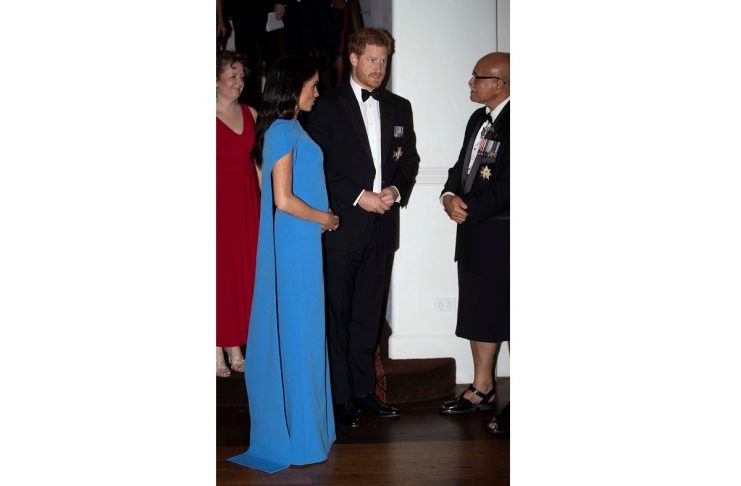 Britain’s Prince Harry and Meghan, the Duchess of Sussex, arrive for a reception and state dinner hosted by Fiji’s President Jioji Konrote at Grand Pacific Hotel in Suva
