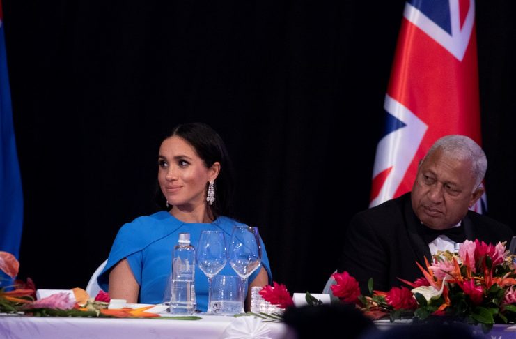 Britain’s Meghan, the Duchess of Sussex, attends a state dinner at Grand Pacific Hotel in Suva, Fiji