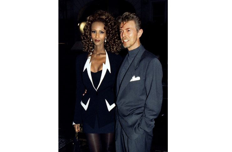 Pop star David Bowie and his wife Iman arrive for the launching of a new art magazine at the Fine Ar..
