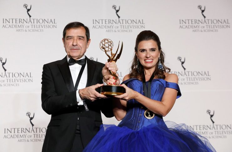 Production Director Jose Eduardo Moniz and Writer Maria Joao Costa from Portugal pose with their award for Telenovela for their work on “Our Verde (The Payback)” at the International Emmy Awards in Manhattan, New York City