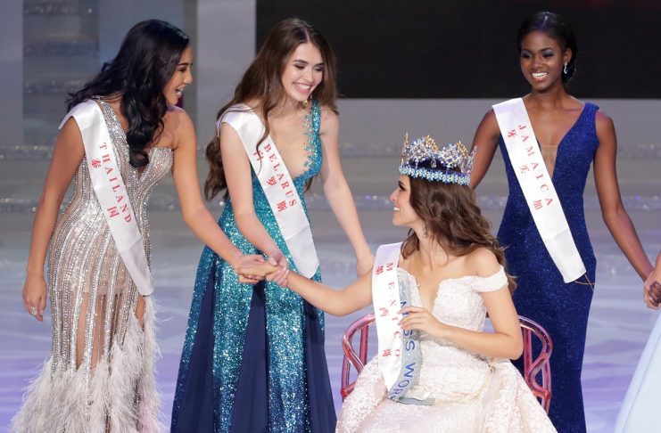 Miss Mexico and Miss World 2018 Vanessa Ponce de Leon, 26, celebrates with runner-up Miss Thailand Nicolene Limsnukan next to Belarus’s Maria Vasilevich and Jamaica’s Kadijah Robinson at the end of the 68th Miss World pageant in Sanya