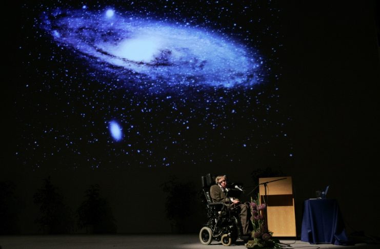 British physicist Stephen Hawking delivers a lecture on “The Origin of the Universe” in Brussels