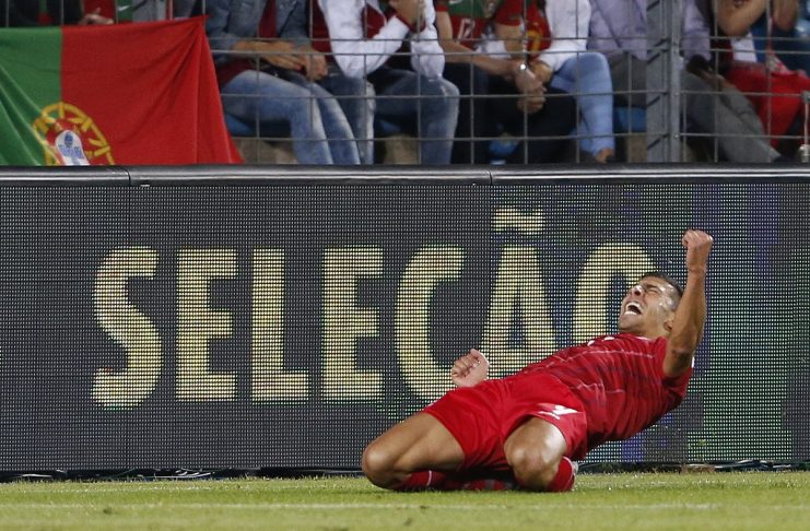 Luxembourg’s Daniel Da Mota celebrates his goal against Portugal’s during their 2014 World Cup Qualifying match in Luxembourg