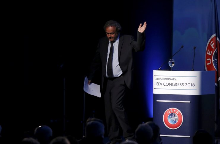 Former UEFA President Michel Platini waves after his speech before the election of the new UEFA President in Athens