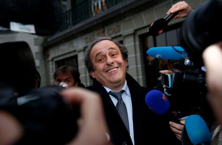 File photo of UEFA President Platini leaving a hearing at the Court of Arbitration for Sport in Lausanne