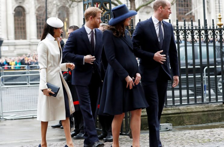 Britain’s Prince Harry, his fiancee Meghan Markle, Prince William and Kate, the Duchess of Cambridge, arrive at the Commonwealth Service at Westminster Abbey in London