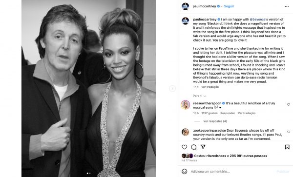 Paul McCartney elogia Beyoncé
